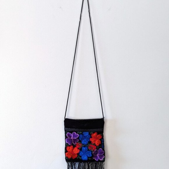 VINTAGE 90s Embroidered Velour Purse Floral Embroidery Handmade Crossbody Bag - Picture 2 of 8